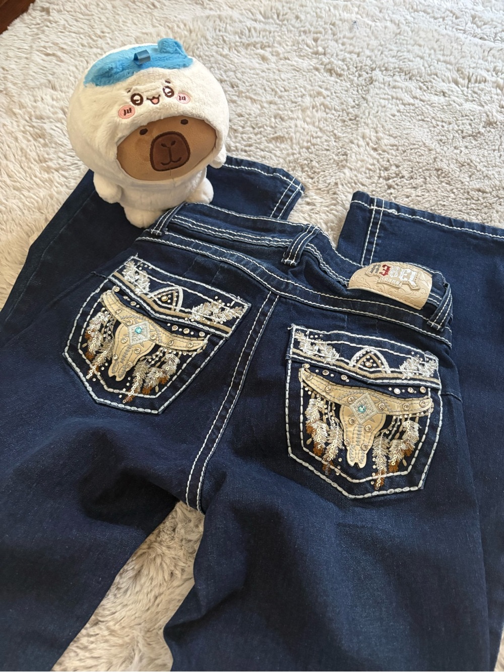 Hudson Jeans Dark Blue Boot Cut Jeans with Beaded Embroidered Pockets